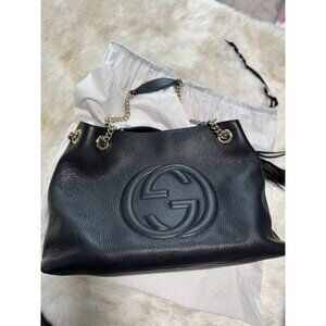 Gucci Soho Handbag Black Leather Tassel Double Chain Medium Shoulder Bag Purse